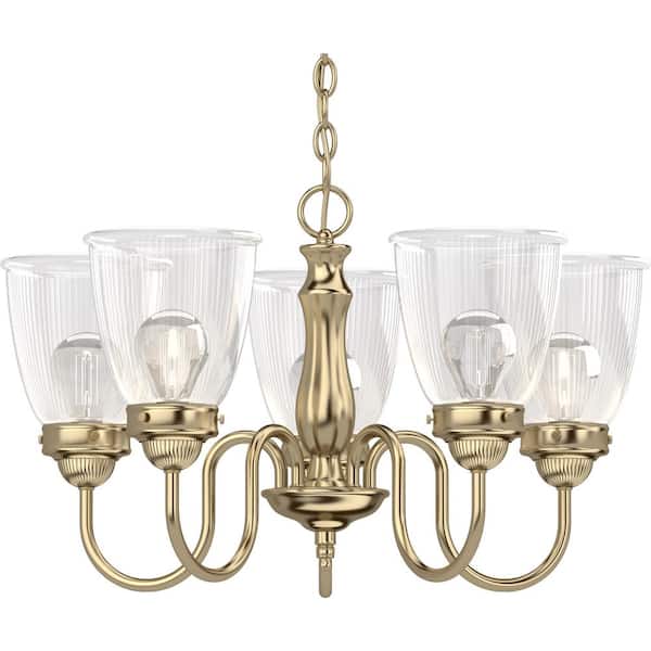 Volume Lighting 5 Lights Polished Brass Chandelier with Clear ribbed glass shades