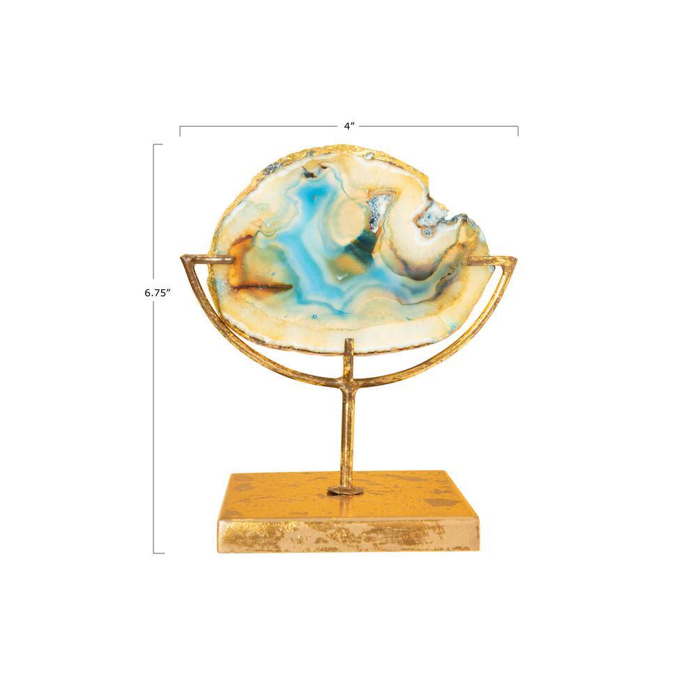 Blue Agate Stone Slice on Gold Metal Stand