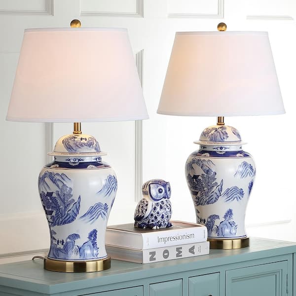 SAFAVIEH Shanghai 29.5 in. Blue/White Ginger Jar Table Lamp with White Shade (Set of 2)