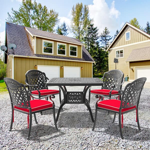 Willit Isabella Black 5-Piece Cast Aluminum Outdoor Dining Set with Square Table and Dining Chairs with Random Color Cushion