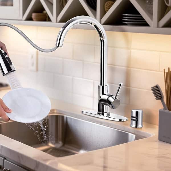 15.6 in. Single Handle Pull Down Sprayer Kitchen Faucet with Dishwasher Air Gap and 360° Swivel in Polished Chrome