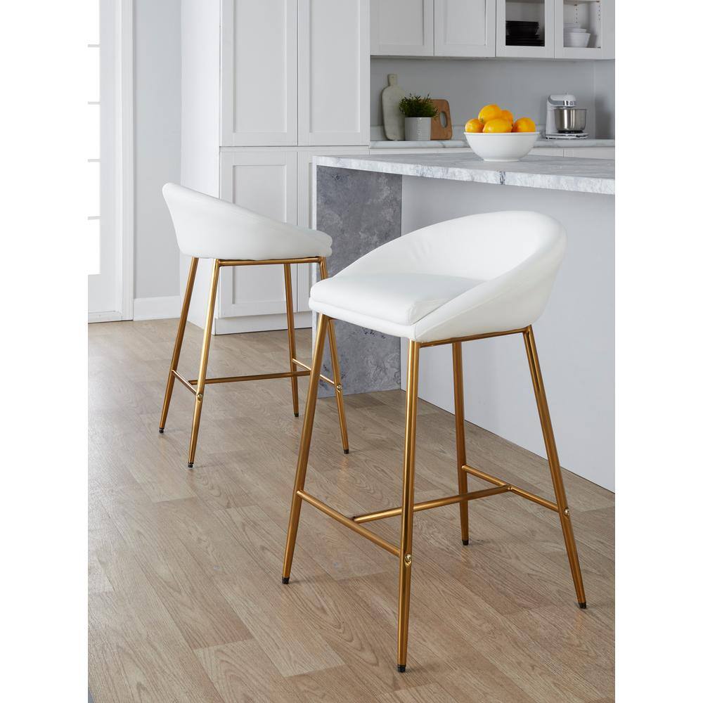 White Faux Leather and Gold Metal Counter Stools, Set of 2