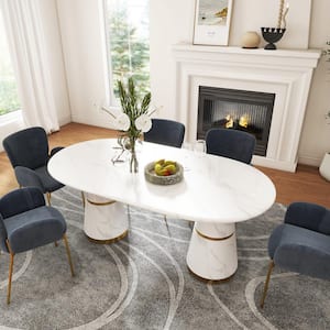 70 in. White Modern Marble Countertop Double Pedestal Dining Table Seats-6