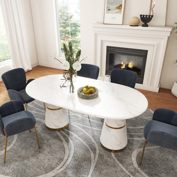 Boyel Living 70 in. White Modern Marble Countertop Double Pedestal Dining Table Seats-6