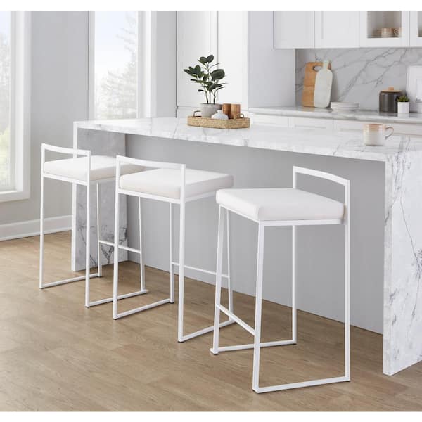 Fuji 27.75 in. White Velvet and White Metal Stackable Counter Stool (Set of 3)