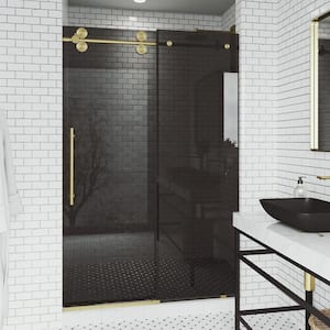Elan 56 to 60 in. W x 74 in. H Sliding Frameless Shower Door in Matte Brushed Gold with 3/8 in. (10mm) Black Tint Glass