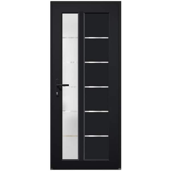 VDOMDOORS 8088 30 in. W. x 80 in. Right-hand/Inswing Frosted Glass Matte Black Metal-Plastic Steel Prehend Front Door Hardware