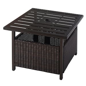 Patio Brown Rattan Wicker Steel Edge Deck Outdoor Side Table With 1.5 in. Umbrella Hole