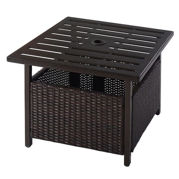 FORCLOVER Patio Brown Rattan Wicker Steel Edge Deck Outdoor Side Table With 1.5 in. Umbrella Hole