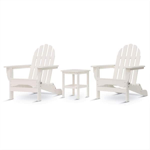 DUROGREEN Icon White Recycled Plastic Folding Adirondack Chair with Side Table (2-Pack)