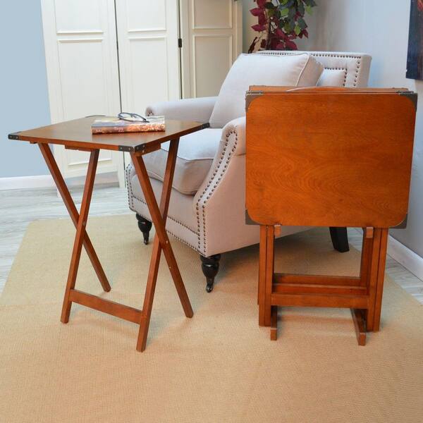 Carolina Cottage Kylie TV Tray Table Set of 4 Trays with Stand in Chestnut