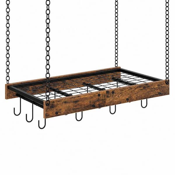 Brown and Black Vintage Hanging Pot Rack with 12 S-Shaped Hooks, Ceiling Mounted Pot Hanger, Pot Storage Organizer