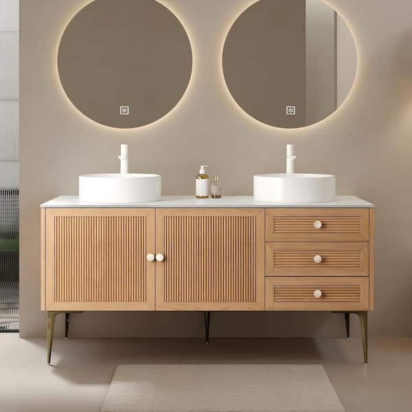 60 in. Double Sink Freestanding Plywood White Bath Vanity with White Ceramic Top (Assembled), 5 Metal Legs