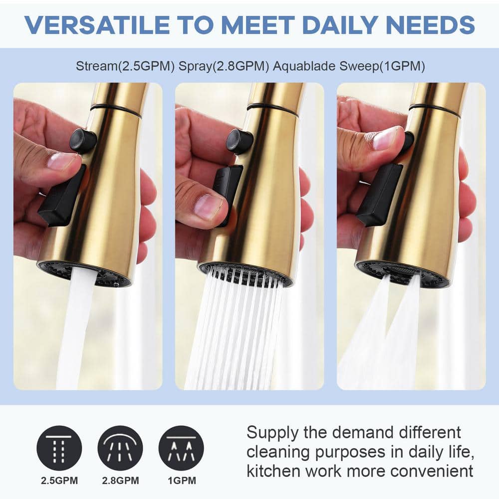 Gold 3-Function Kitchen Faucet Spray Head with 9 Adapters