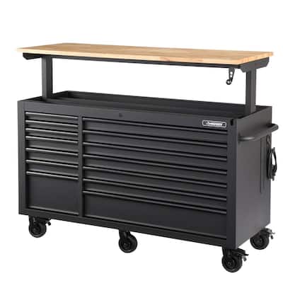 Heavy-Duty 62 in. W 14-Drawer, Deep Tool Chest Mobile Workbench in Matte Black with Adjustable-Height Hardwood Top