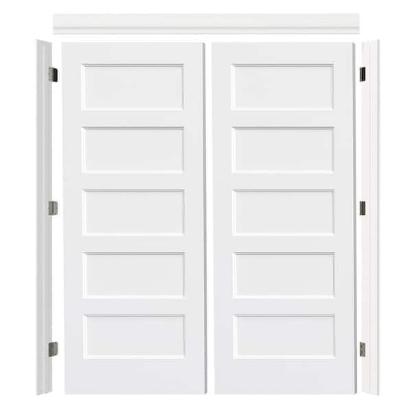 60 in. x 80 in. Universal Primed Hollow Core Wood 5-Panel Double Prehung Interior Door with Assemble Required Split Jamb