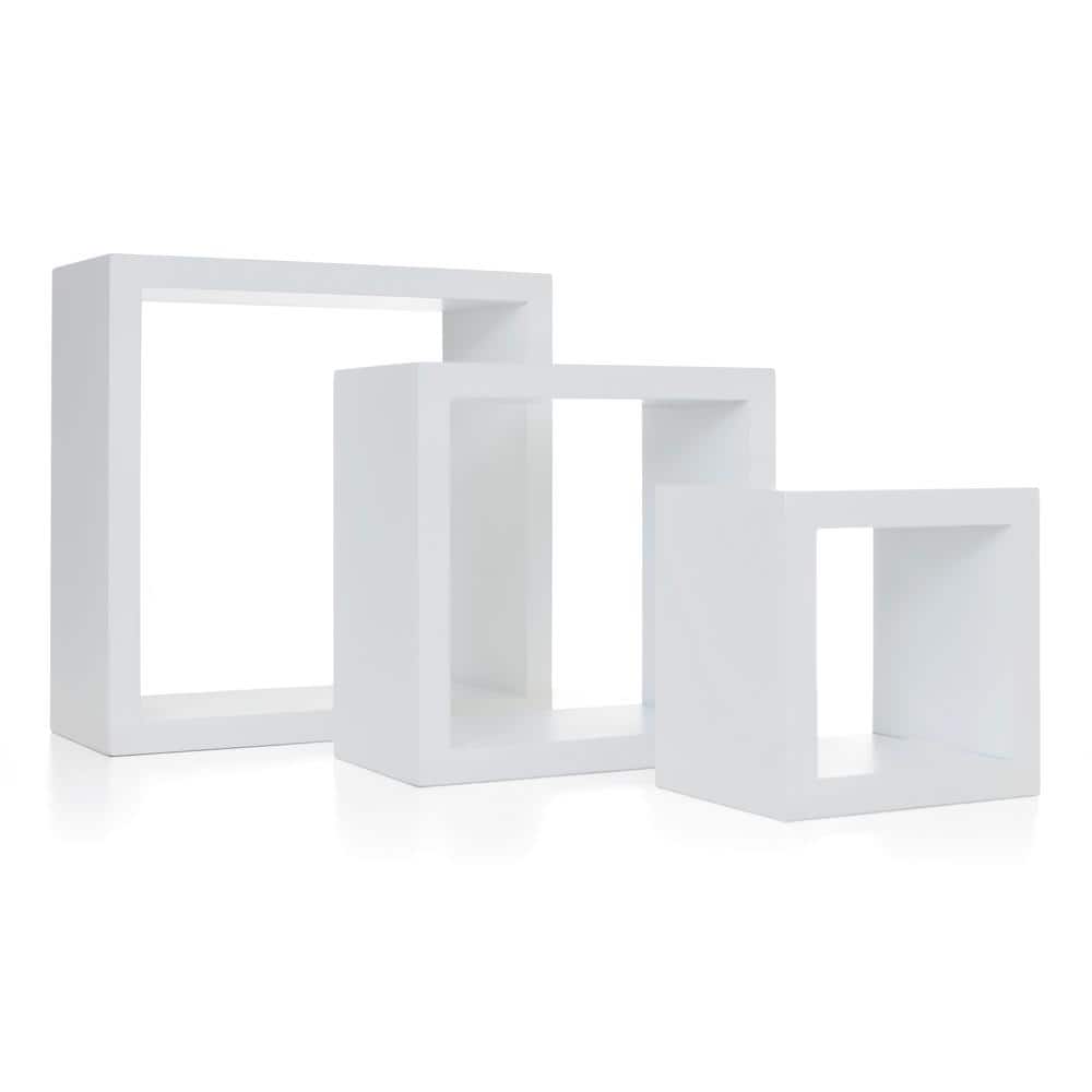 White Wood Floating Cube Wall Shelves Set of 3