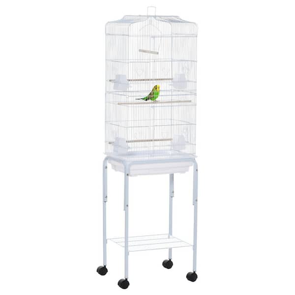 White Steel Bird Cage with Rolling Stand,Storage Basket and Accessories-Spacious Flight Cage for Budgies and Small Birds