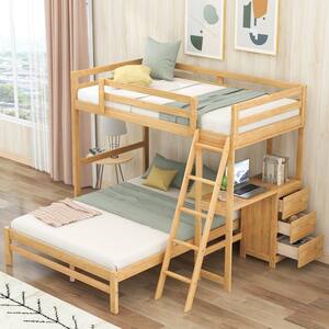 Natural Twin Over Full Bunk Bed with Built-in Desk and 3-Drawers