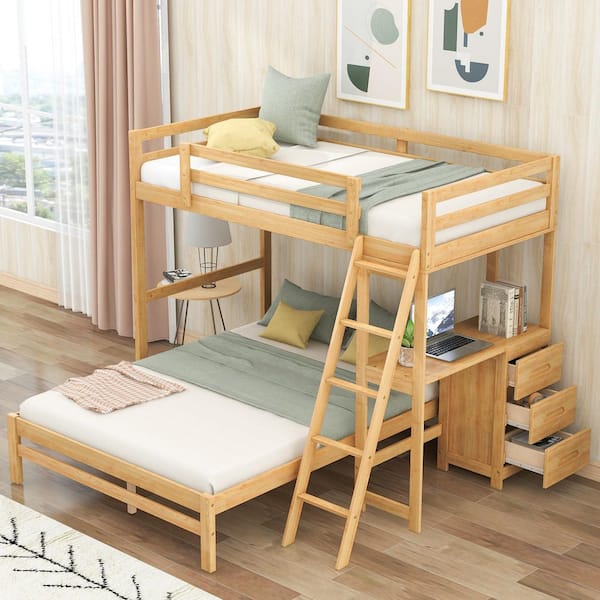 GODEER Natural Twin Over Full Bunk Bed with Built-in Desk and 3-Drawers