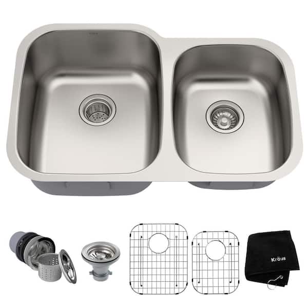 KRAUS Premier Undermount Stainless Steel 32 in. 60/40 Double Bowl Kitchen Sink