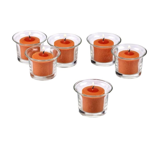 Light In The Dark Clear Glass Flower Pot Votive Candle Holders with Orange Votive Candles (Set of 72)