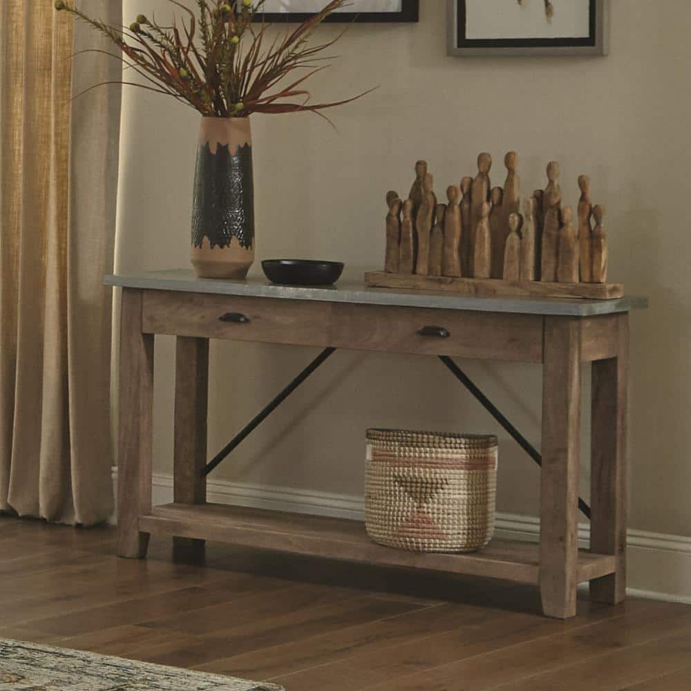 Modern Industrial 50" Amber Wood & Silver Zinc Media Console with Storage