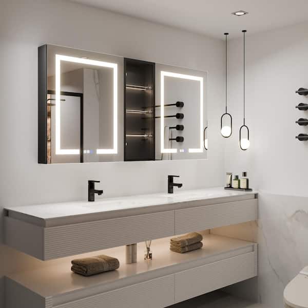 ExBrite ShineX 60 in.W x 30 in.H Rectangular Black Aluminum Recessed/Surface Mount Dual Swing Medicine Cabinet with Mirror LED