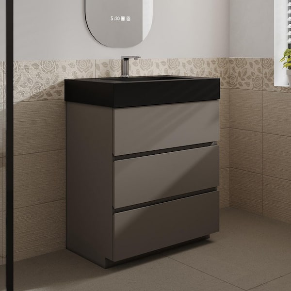 Aaby 30 in. W x 18 in. D x 37 in. H Bath Vanity Cabinet in Gray with Black Solid Surface Top and Sink