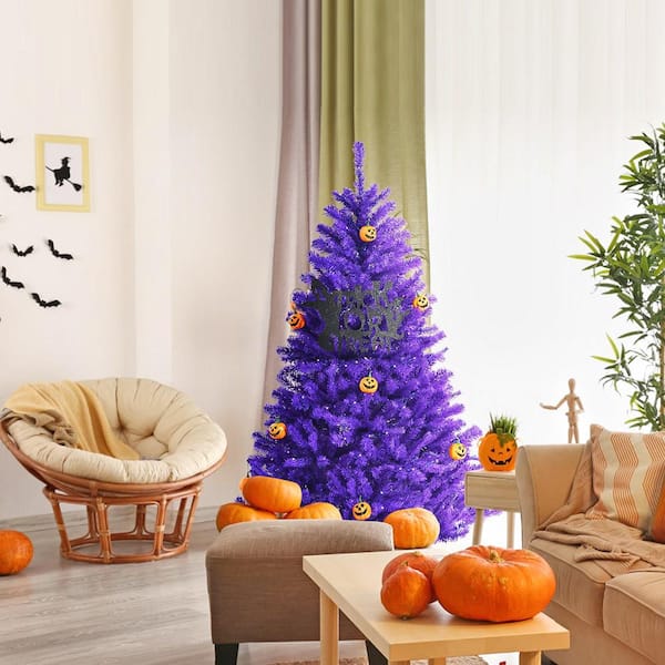 Gymax 5 FT Pre-lit Purple Artificial Christmas Tree Halloween w ...
