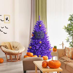 5 FT Pre-lit Purple Artificial Christmas Tree Halloween w/Mini Pumpkins