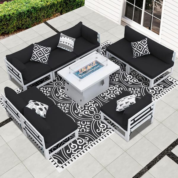 Unbranded Extra Large White 9-Piece Aluminum Patio Fire Pit Conversation Set Deep Seating Sectional Sofa with Black Cushions