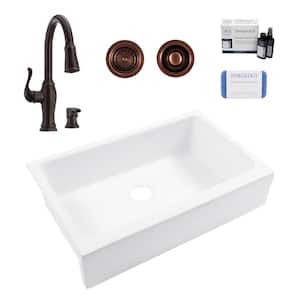 Grace 34 in. Quick-Fit Farmhouse Apron Undermount Single Bowl White Fireclay Kitchen Sink with Maren Bronze Faucet Kit