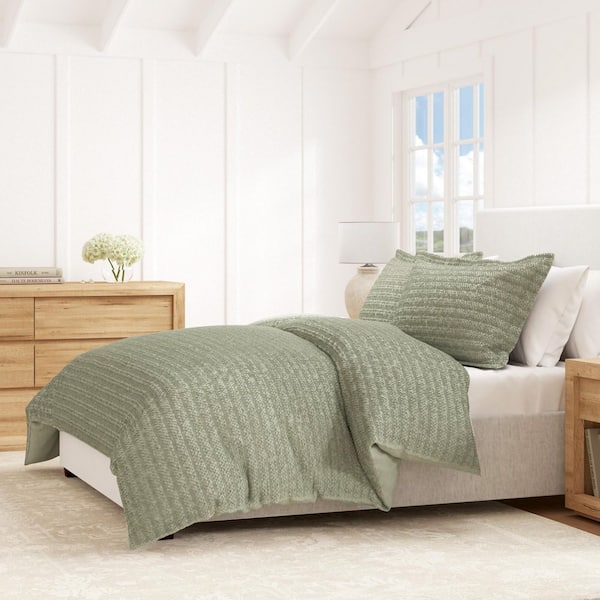 Green 100% Cotton Textured 3-Piece Full / Queen Duvet Set with Shams