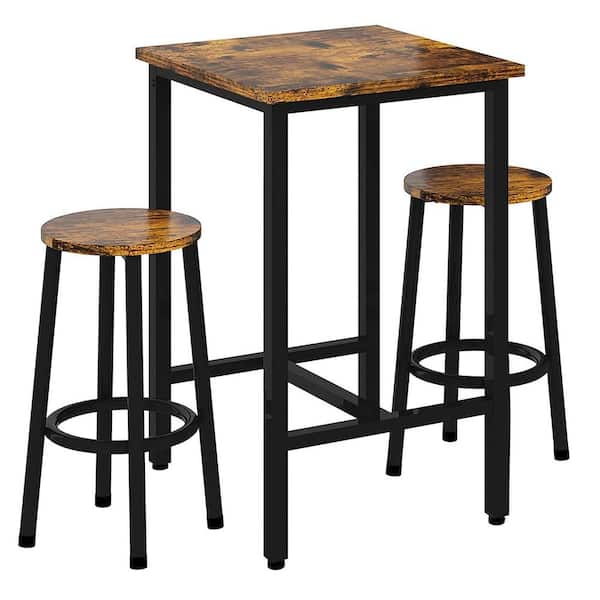 mieres Industrial Style 3-Piece Square Rustic Brown Wooden Top Bar Table Set with 2-Round Bar Stools for Two