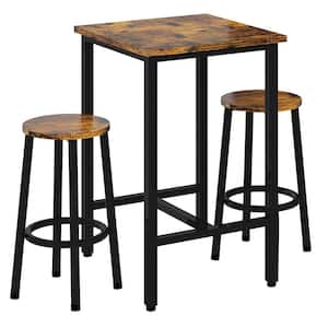 Industrial Style 3-Piece Square Rustic Brown Wooden Top Bar Table Set with 2-Round Bar Stools for Two