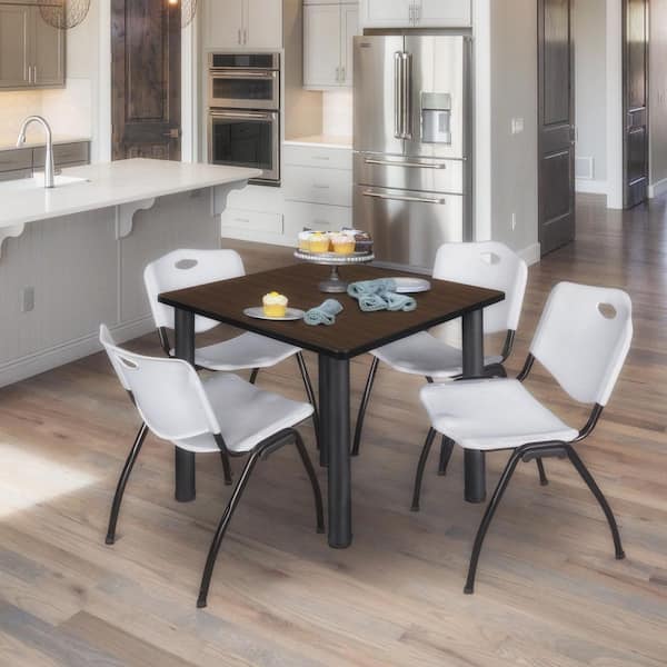 Kee 42 in. Neo Walnut Square Breakroom Table Desk and 4 'M' Stack Chairs-Grey
