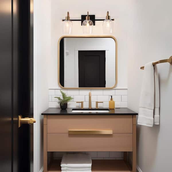 21.5 in. 3-Light Brass Gold Bathroom Vanity Light, Hammer Glass Black Bath Bar Vanity Light, Modern Indoor Wall Sconce
