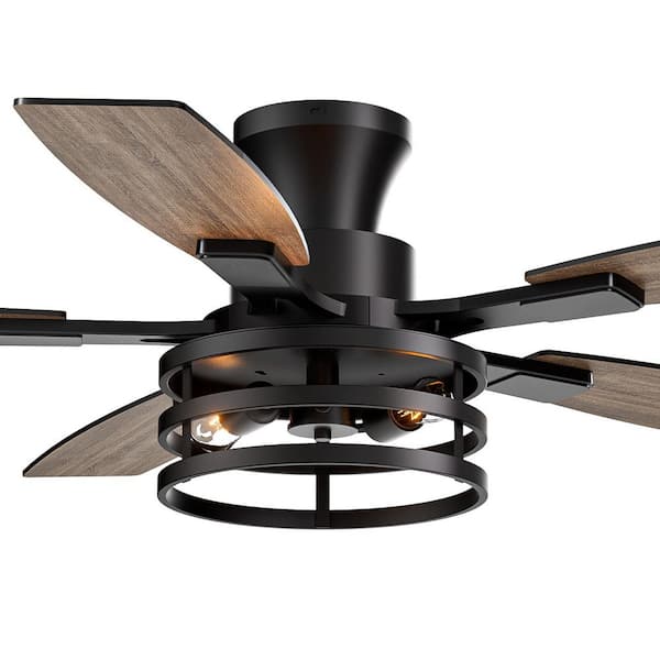 52 in. Farmhouse Black Caged Flush Mount Ceiling Fan with Light and Remote, Walnut or Black Reversible Blades