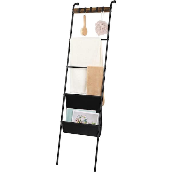 Oumilen Blanket Ladder Holder Farmhouse Decorative Ladder with 5 Hooks and Storage Pocket