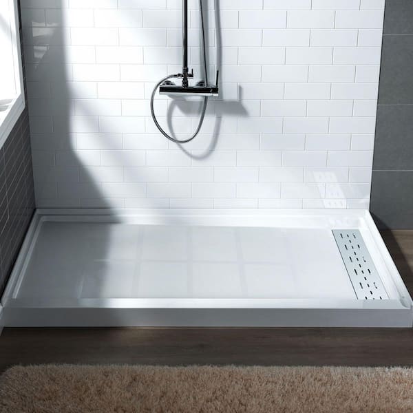 WOODBRIDGE Krasik 48 in. L x 32 in. W Alcove Solid Surface Shower Pan Base with Right Drain in White with Chrome Cover