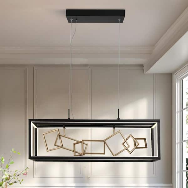Modern 28 in. 8-Light Integrated LED Matte Black and Satin Gold Island Chandelier with Rectangle Cage for Dining Room