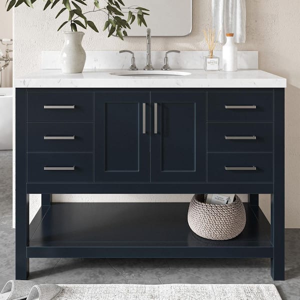 ARIEL Magnolia 48 in. W x 22 in. D x 36 in. H Single Freestanding Bath Vanity in Midnight Blue with Carrara Quartz Top