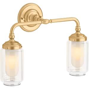 Artifacts 2 Light Brushed Moderne Brass Indoor Bathroom Wall Sconce, Downlight Position Only, UL Listed