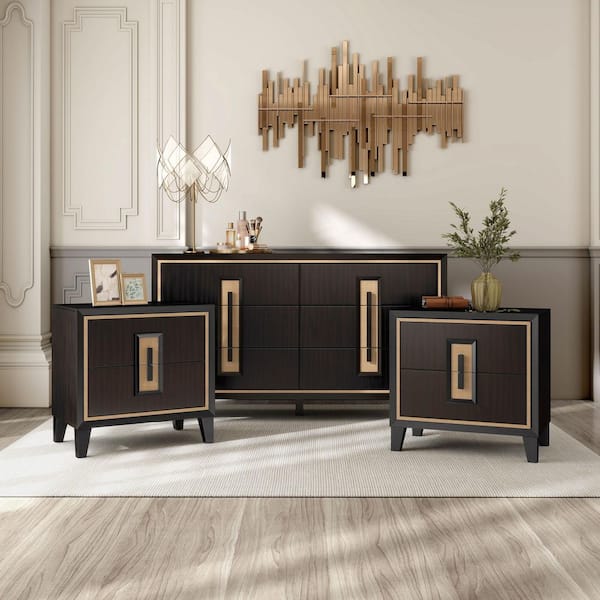 Demi 3-Piece Espresso 2-Drawer Set of 2 Nightstands and Dresser with Gold Trim