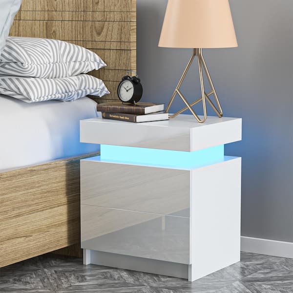 WOODYHOME 2 Drawer LED White Nightstand 20.5 in. H x 17.7 in. W x