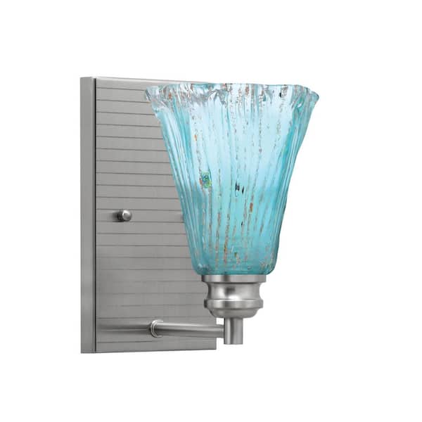 Unbranded Albany 1-Light Brushed Nickel 5.5 in. Wall Sconce with Fluted Teal Crystal Glass Shade