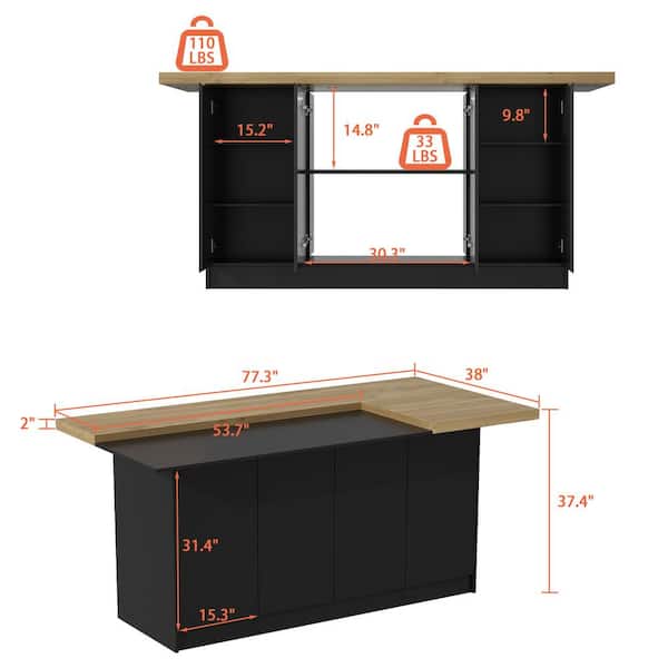 Black Wooden 77.3 in. W Kitchen Island Dining Bar Table With Table Top, Shelves, Door Cabinets