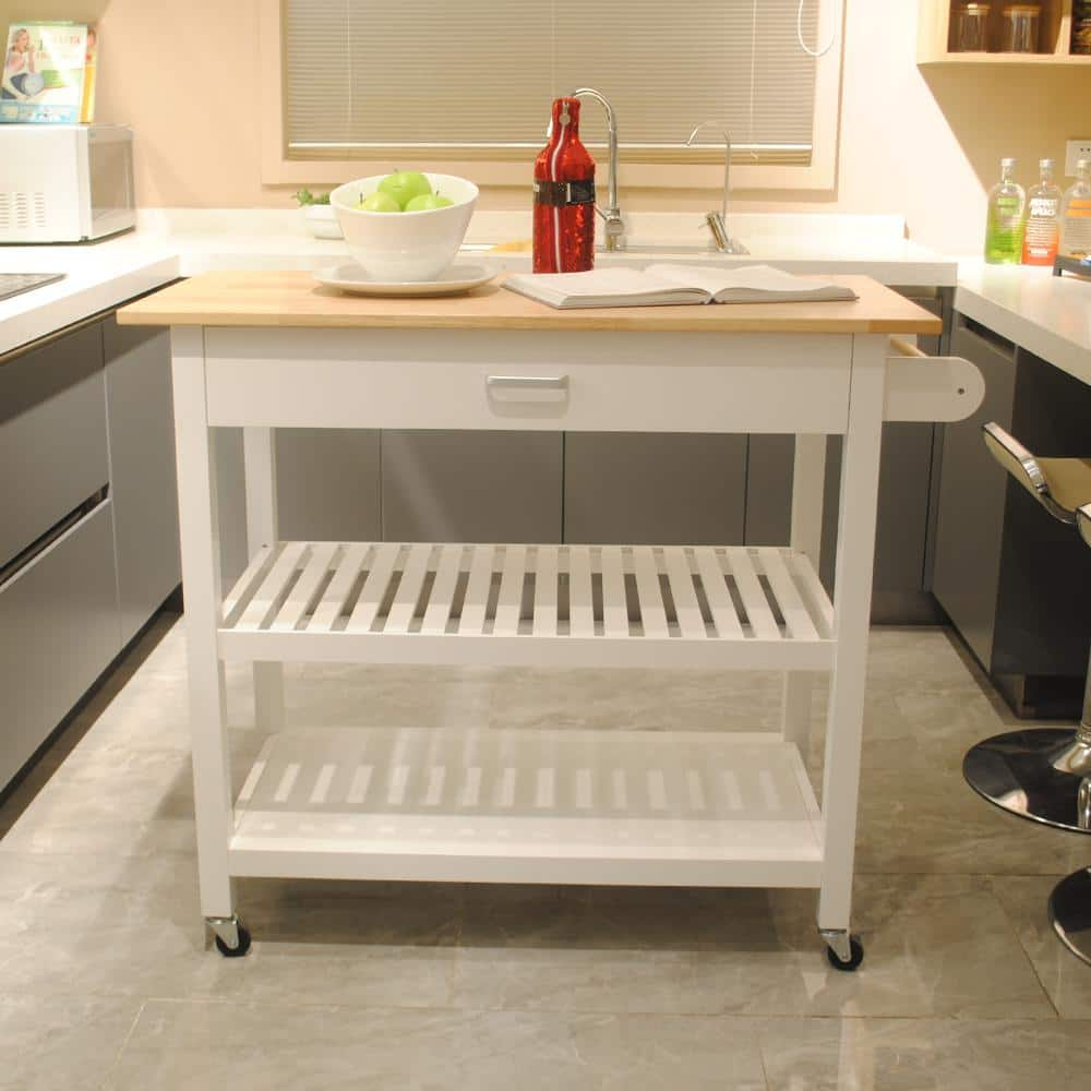 White Rubber Wood Top Material 40  in.. W Kitchen Island with 2 Lockable Wheels, Kitchen Cart -  Polibi, RS-W41RT-W-PJ