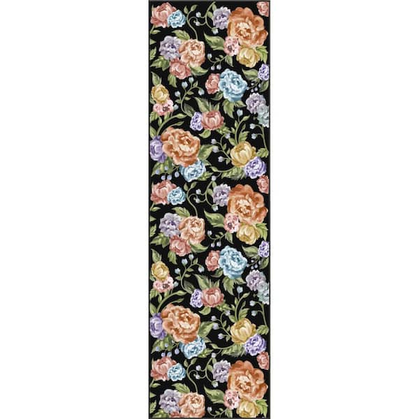 Summer Flowers Black 2 ft. x 8 ft. Floral Washable Runner Rug